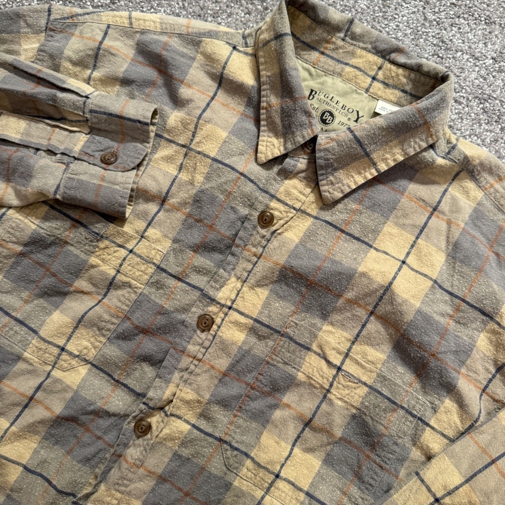 Bugle Boy Shirt Mens XL Tan Grey Plaid Cotton Flannel Vintage Grunge Workwear